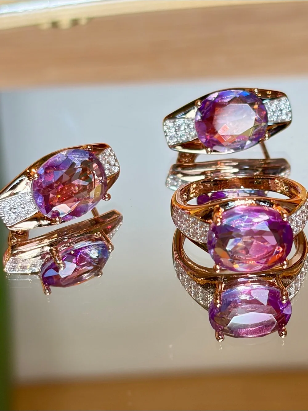 New Rose Gold Plated Pink Tourmaline-Inspired Gradient Jewelry Set ring in 7